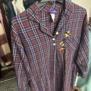 VTG POOH Women's Casual Plaid Button-Down Sleep Tunic with Embroidery